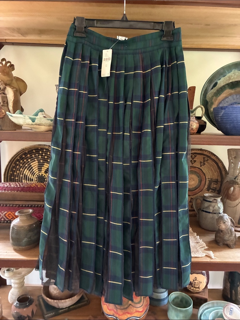 Anthropologie Maeve Pleated Green Plaid Midi Skirt